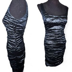 Nicole Miller Gold Label Navy Blue Ruched Crinkled Metallic Bodycon Dress Size 6